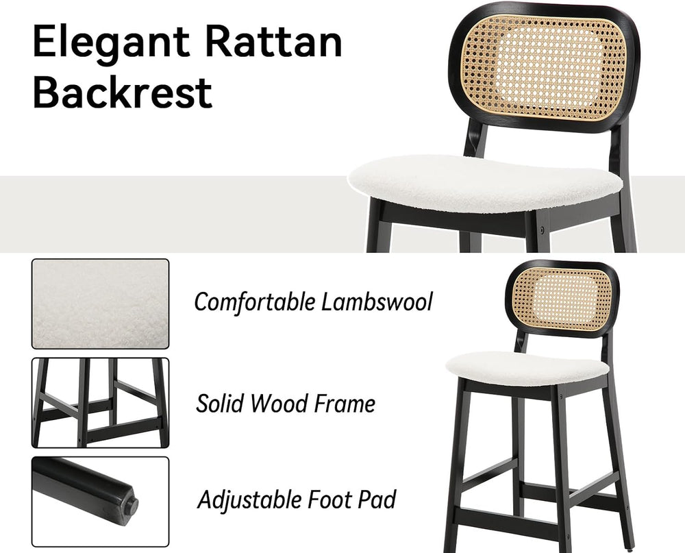 Shunzhi Rattan Counter Height Bar Stools Set of 2, Upholstered Sherpa Barstoo...