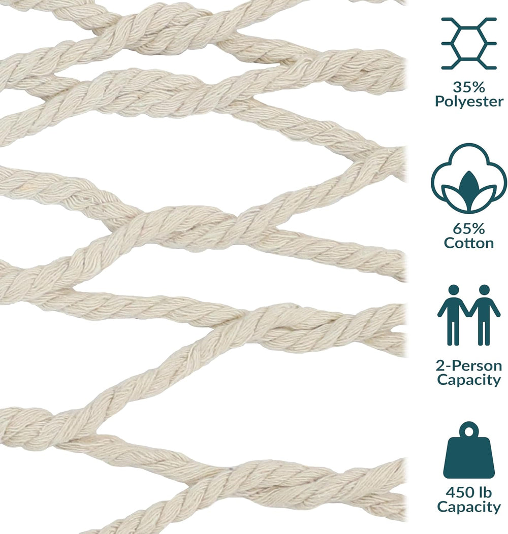 Sunnydaze Double Cotton Rope Hammock for Outside, Backyard, Patio, Natural