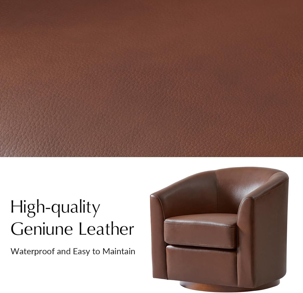 HULALA HOME Genuine Leather Swivel Barrel Chair with Solid Wood Base, Brown