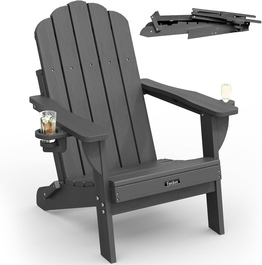 Folding Adirondack Chair, All-Weather HDPE Plastic Patio Chair with 2 Cup Hol...
