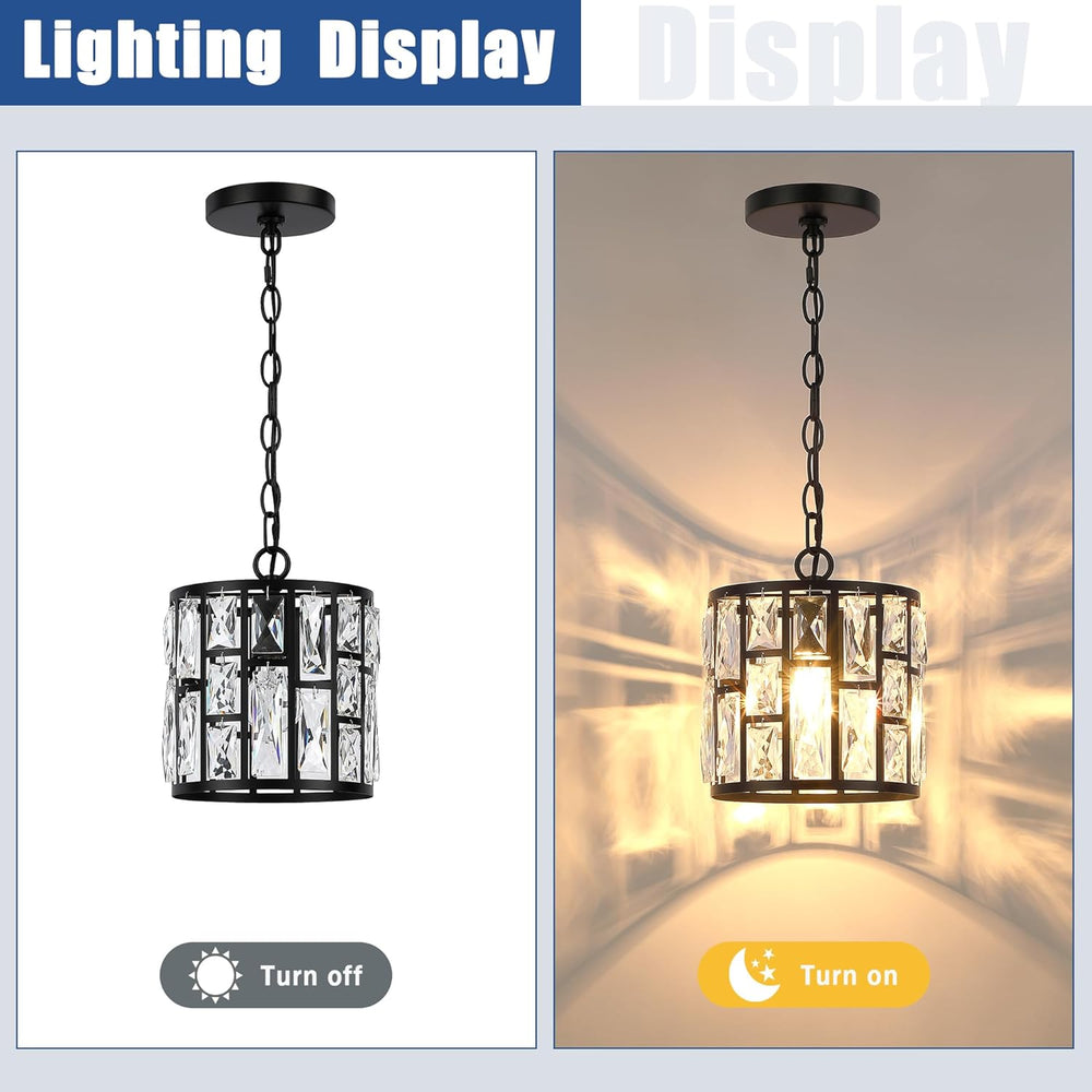 MEXO Modern Crystal Pendant Light,Black Chandelier Light Fixture, Cylinder Ad...