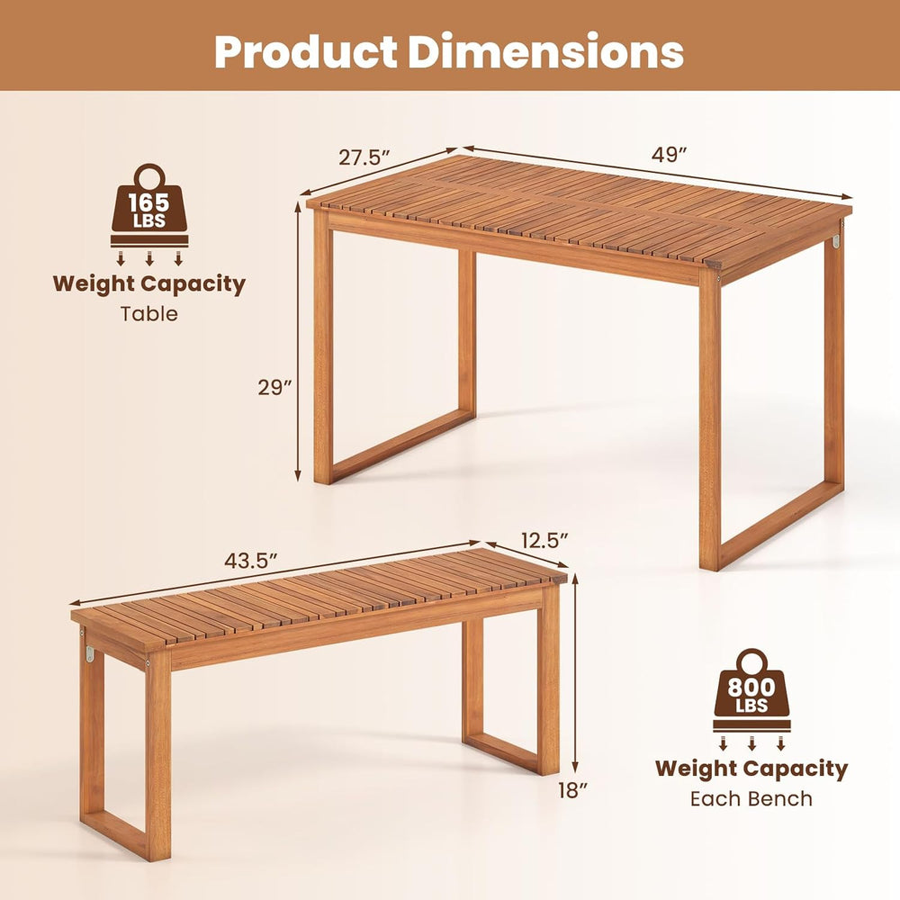 Tangkula 3 Pieces Patio Wooden Dining Set, Acacia Wood Rectangular Picnic Bee...