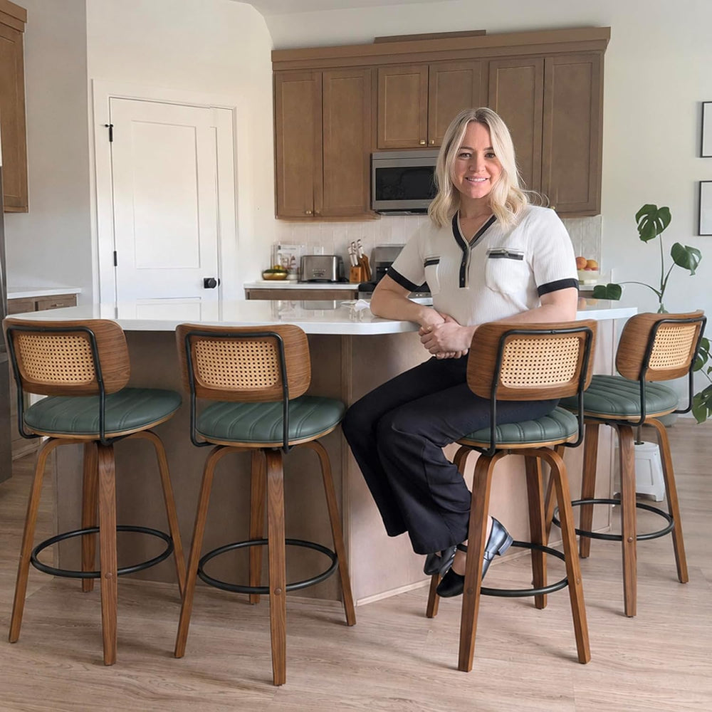 Rattan Swivel Bar Stools, Mid Century Bar Stools with Walnut Craftsmanship