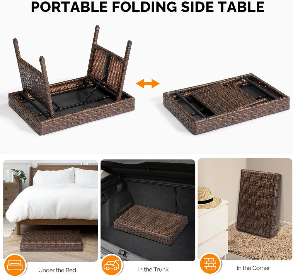 VINGLI Outdoor Folding Rattan Side Table, Portable Wicker End Table for Patio...