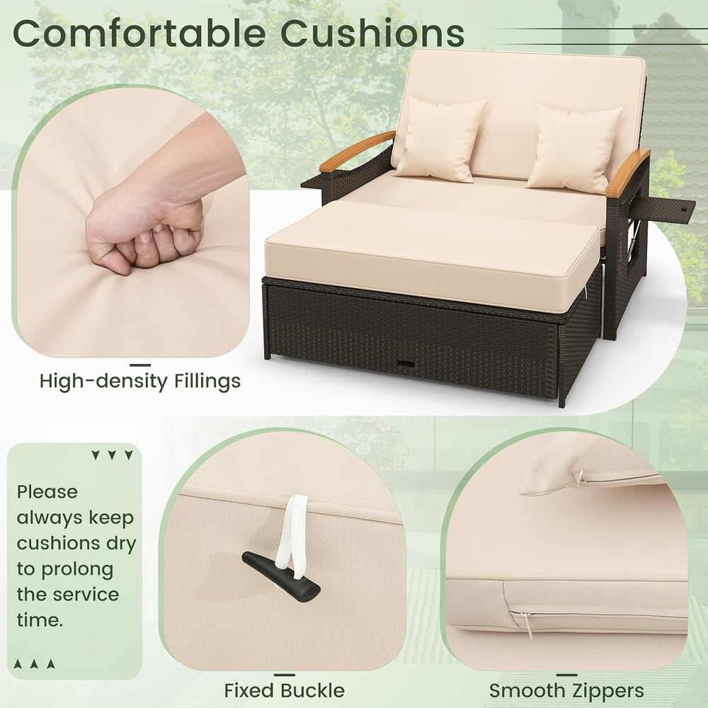 Tangkula Patio Rattan Daybed, Outdoor Wicker Loveseat, Mix Brown & Beige