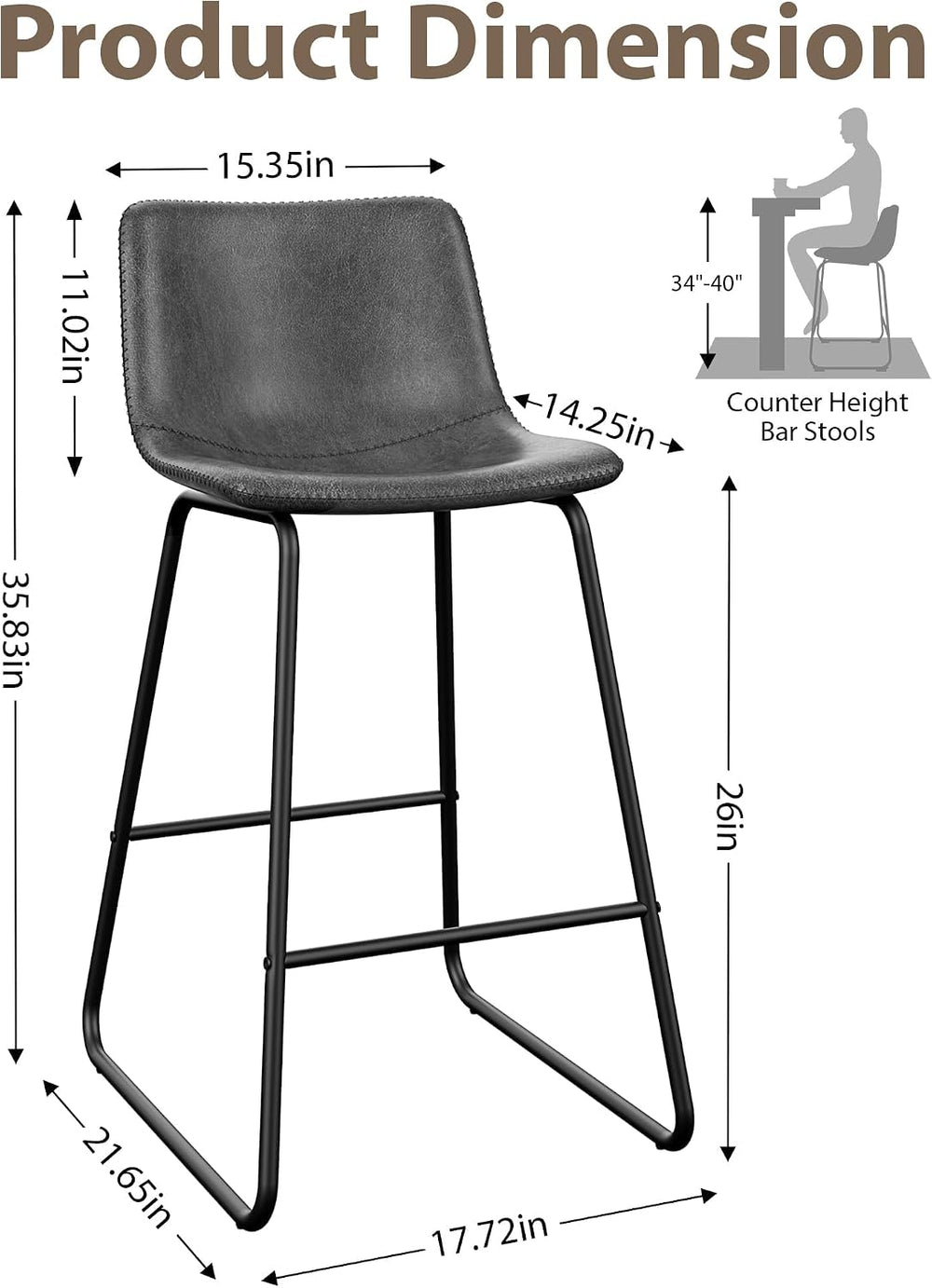 26in Bar Stools Counter Height Chairs Set of 3 Metal Legs (Gray)