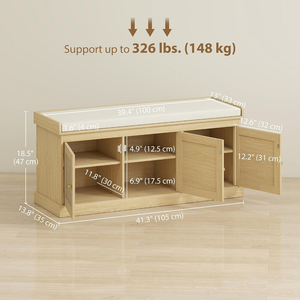 HOMCOM Shoe Bench Storage Rattan Doors 13.8 x 41.3 x 18.5 Inches Oak Tone