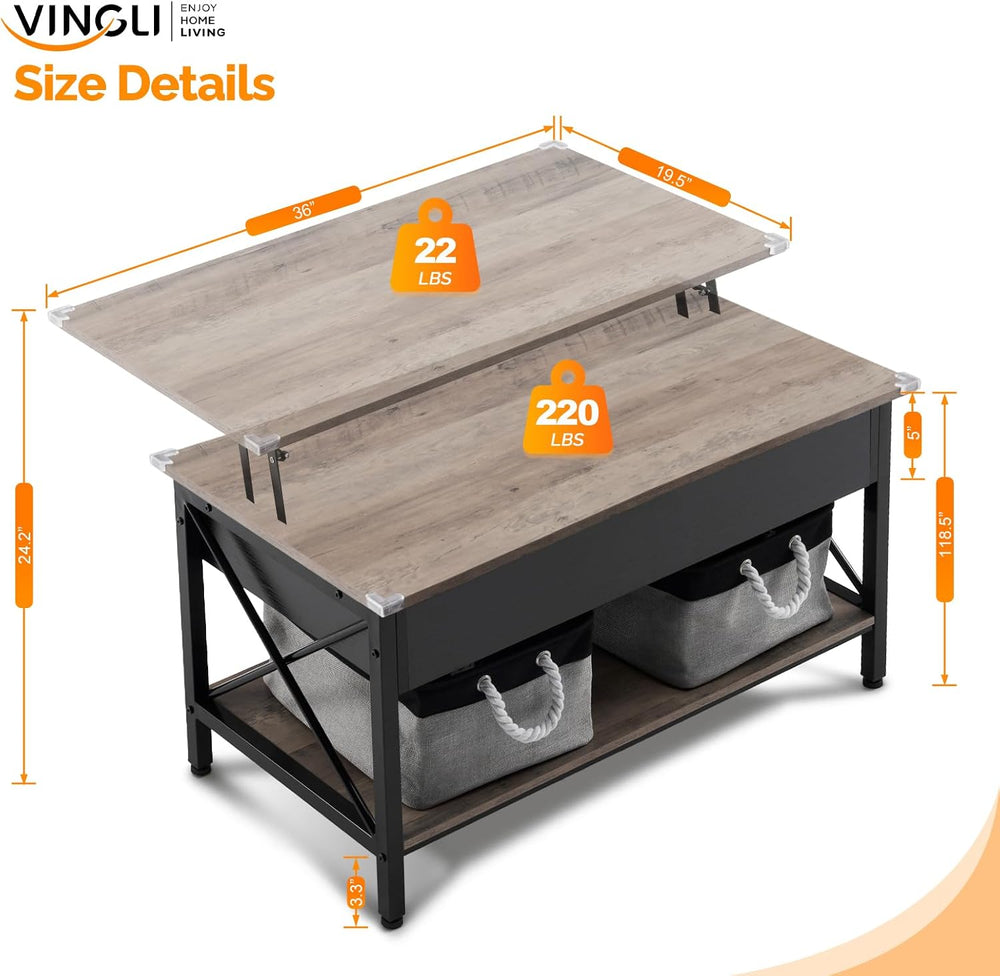 VINGLI 36" Lift Top Coffee Table with Free Cloth Storage Bins, Rustic Fr...