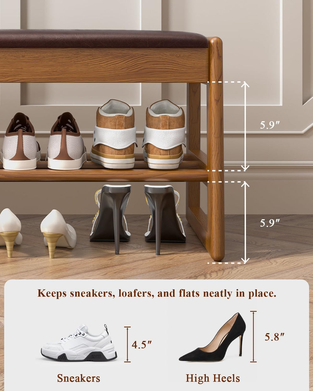 Shoe Rack Bench with Hidden Storage, 2-Tier Solid Rubberwood Entryway Bench w...