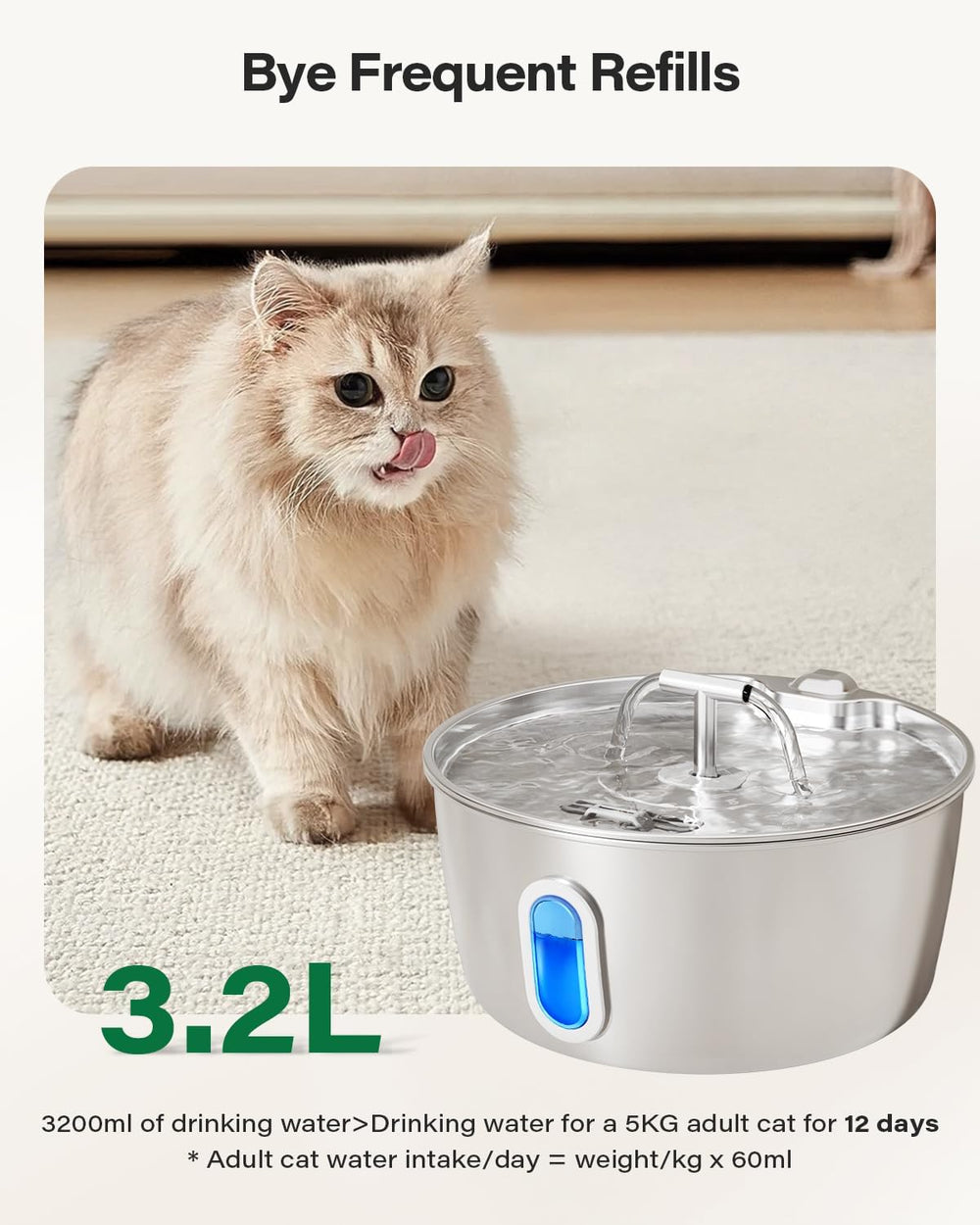 Stainless Steel Cat Water Fountain - 3.2L/108oz Cat Fountain for Drinking