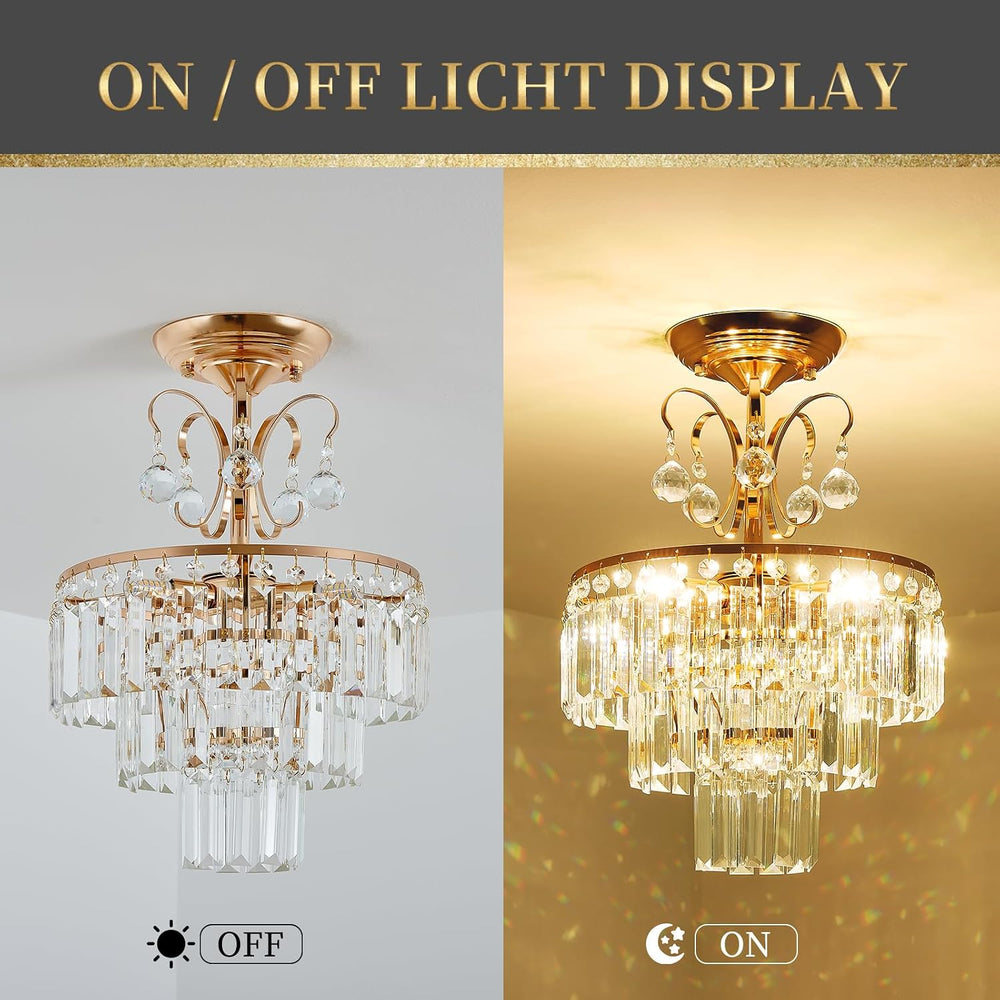 3-Light Gold Crystal Chandelier,Modern 3 Tier Semi Flush Mount Chandelier wit...