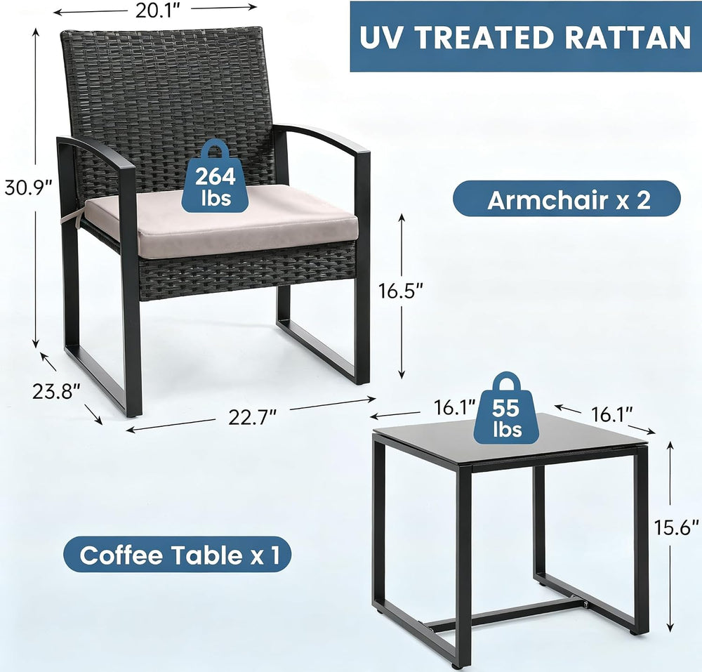 Murago 3-Piece Wicker Patio Bistro Set, Patio Conversation Set