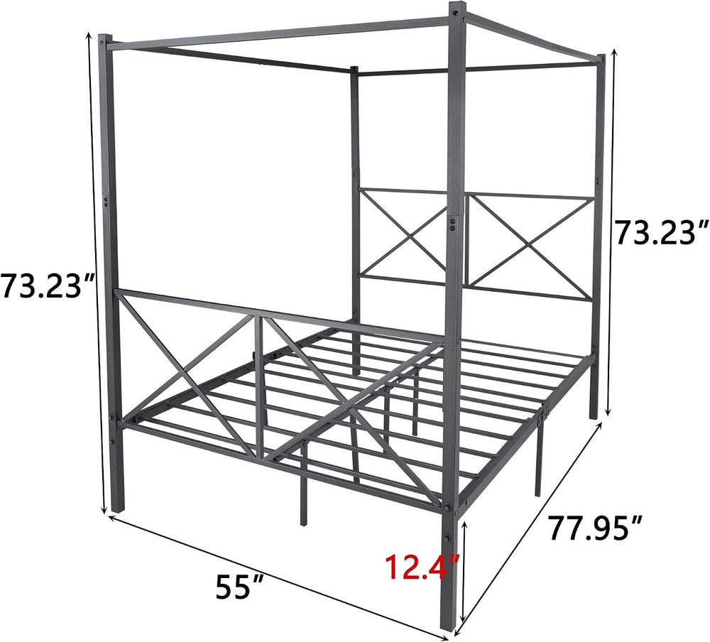 Full Size Canopy Bed Frame with Heavy Duty Metal Headboard, Black