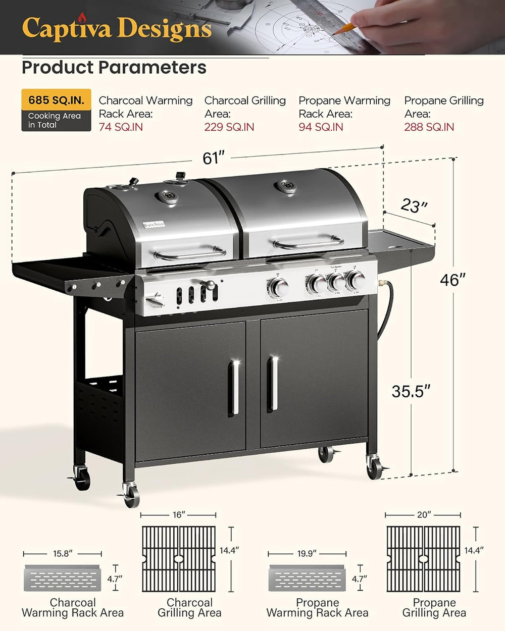 Captiva Designs Charcoal and Gas Grill Combo,690 SQIN Dual Fuel Propane BBQ