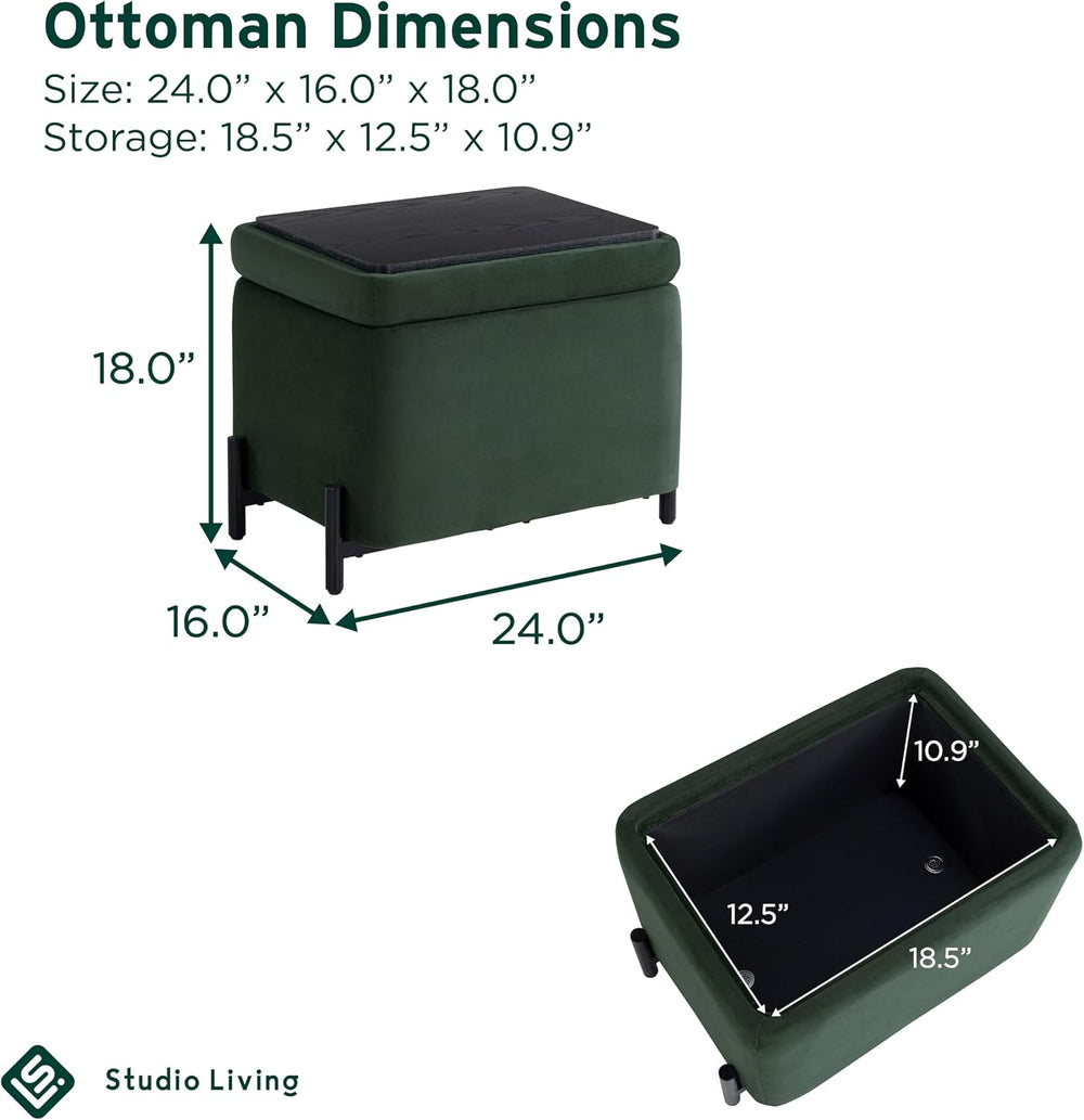 Studio Living Connor 24” Small Storage Ottoman with Reversible Tray Lid, Velv...