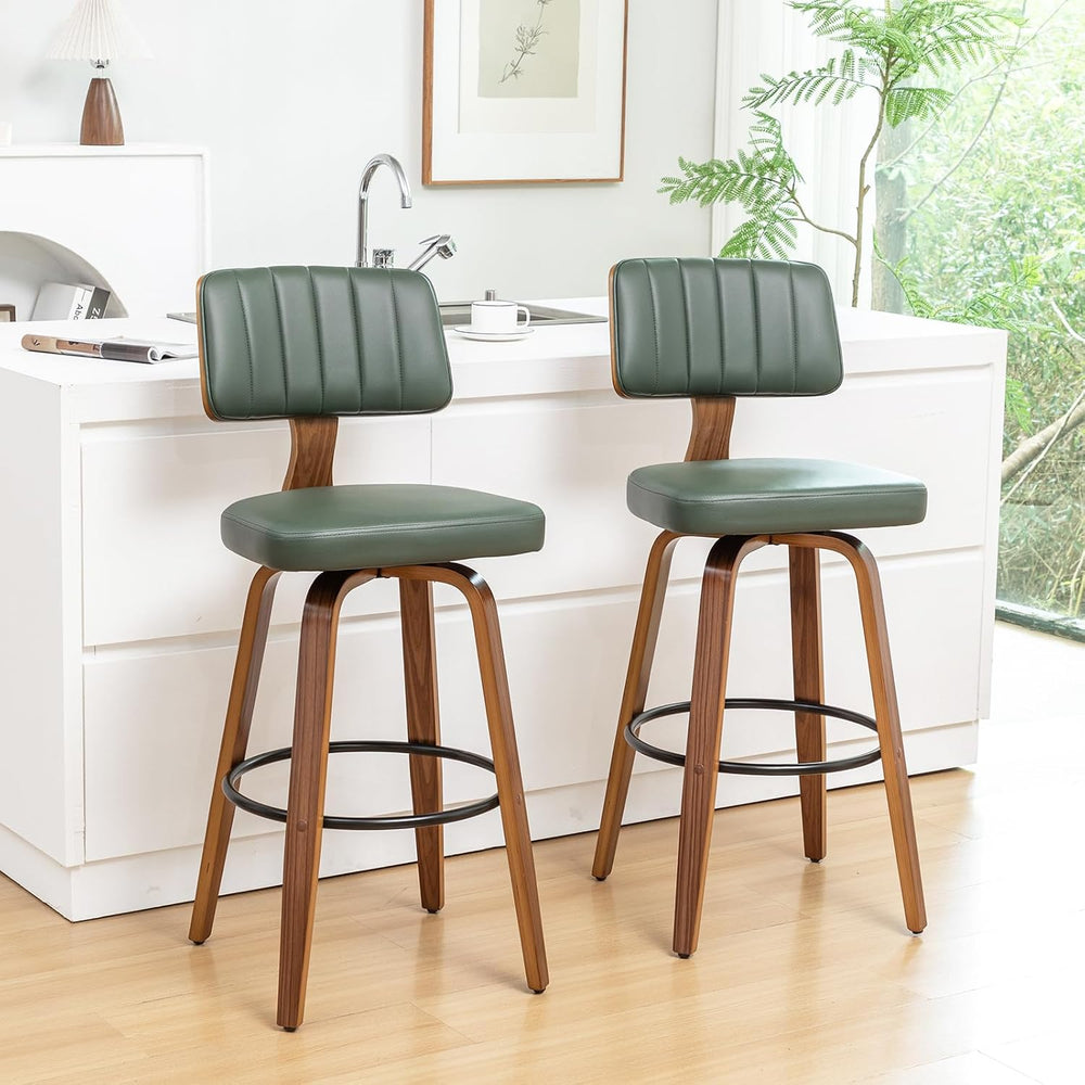 LUNLING 25.2” Swivel Bar Stools Set of 2,Green Faux Leather Counter Height Ba...