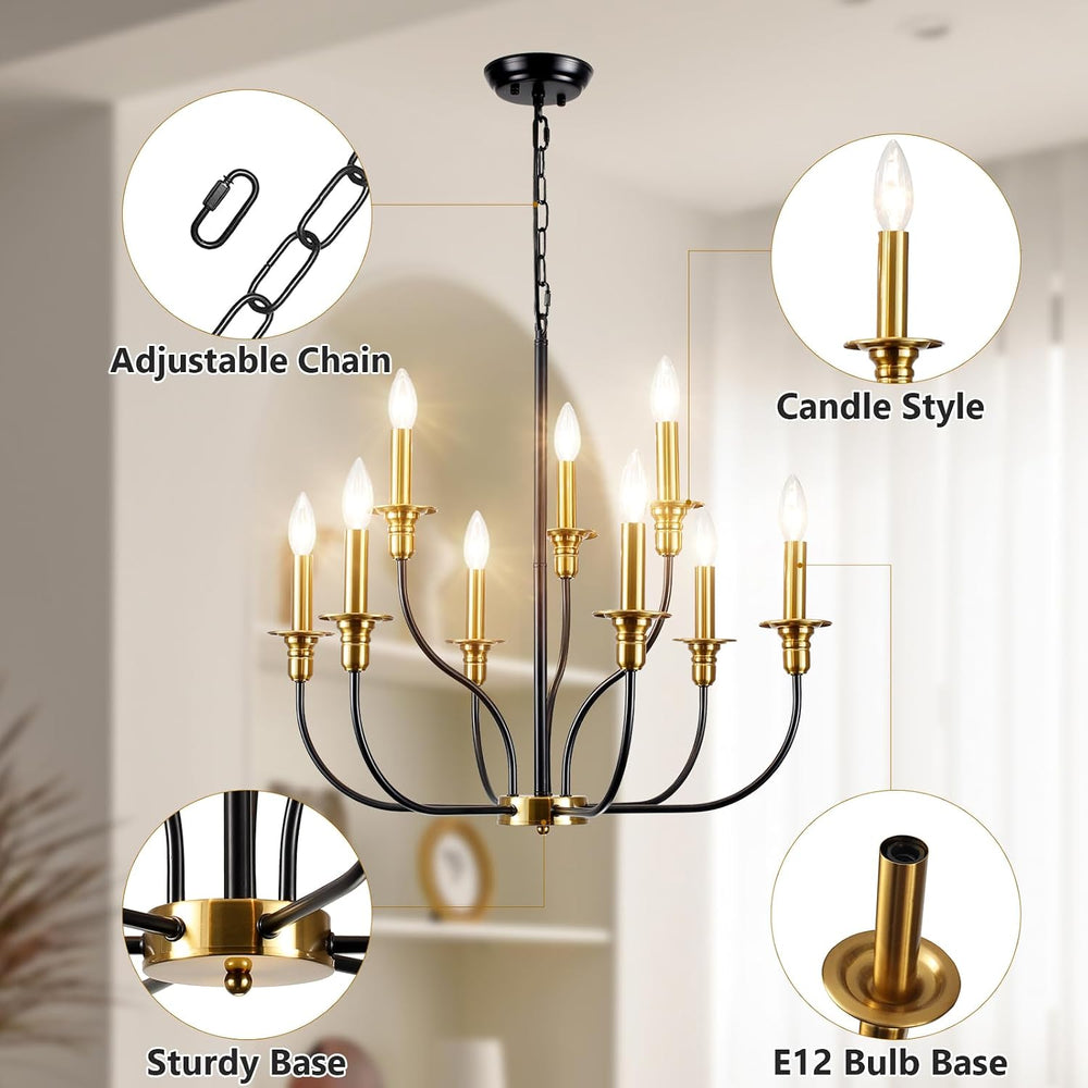 9-Lights Black and Gold Chandelier, 2-Tier Farmhouse Chandeliers 25.98"