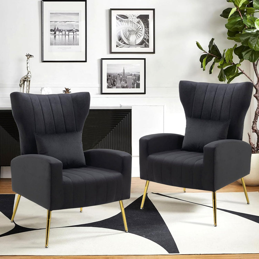 Velvet Accent Arm Chair with Wingback & Lumbar Pillow, Modern Armchair fo...