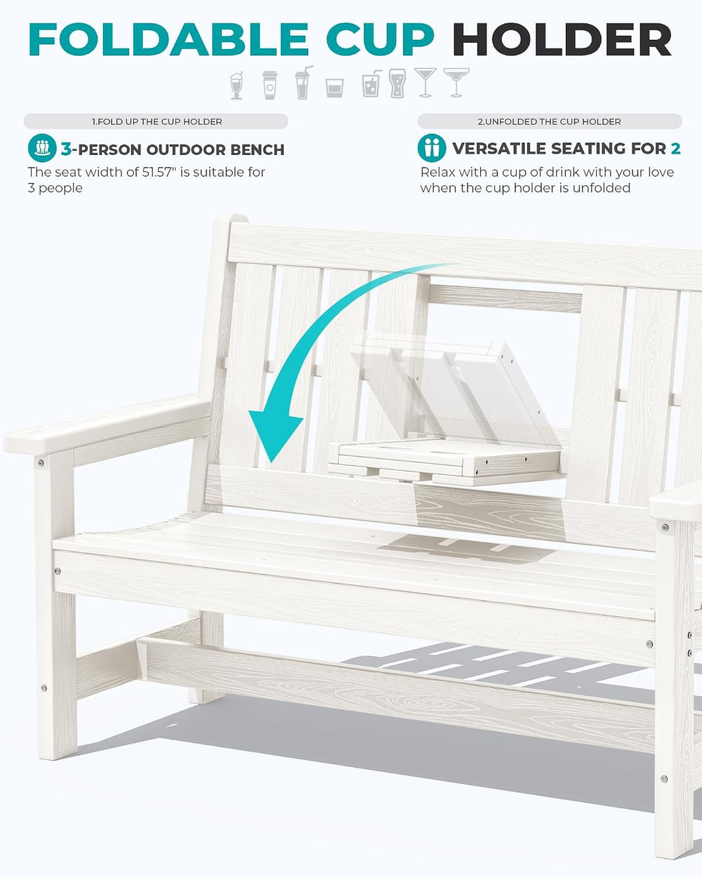 SERWALL HDPE Outdoor Bench with Cup Holder Oversized 58" Porch Bench, White