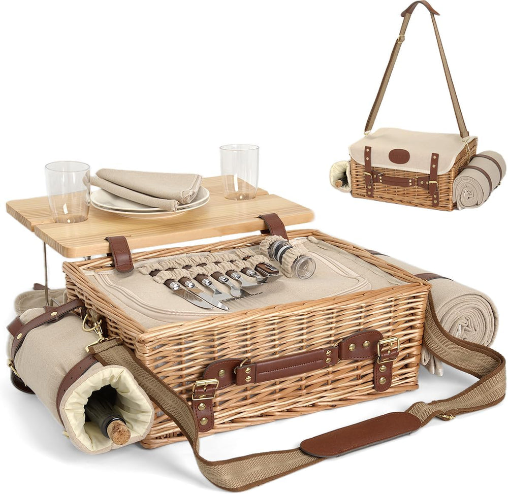 Multifunctional Wicker Picnic Basket Set for 2 with Blanket and Picnic Table,...