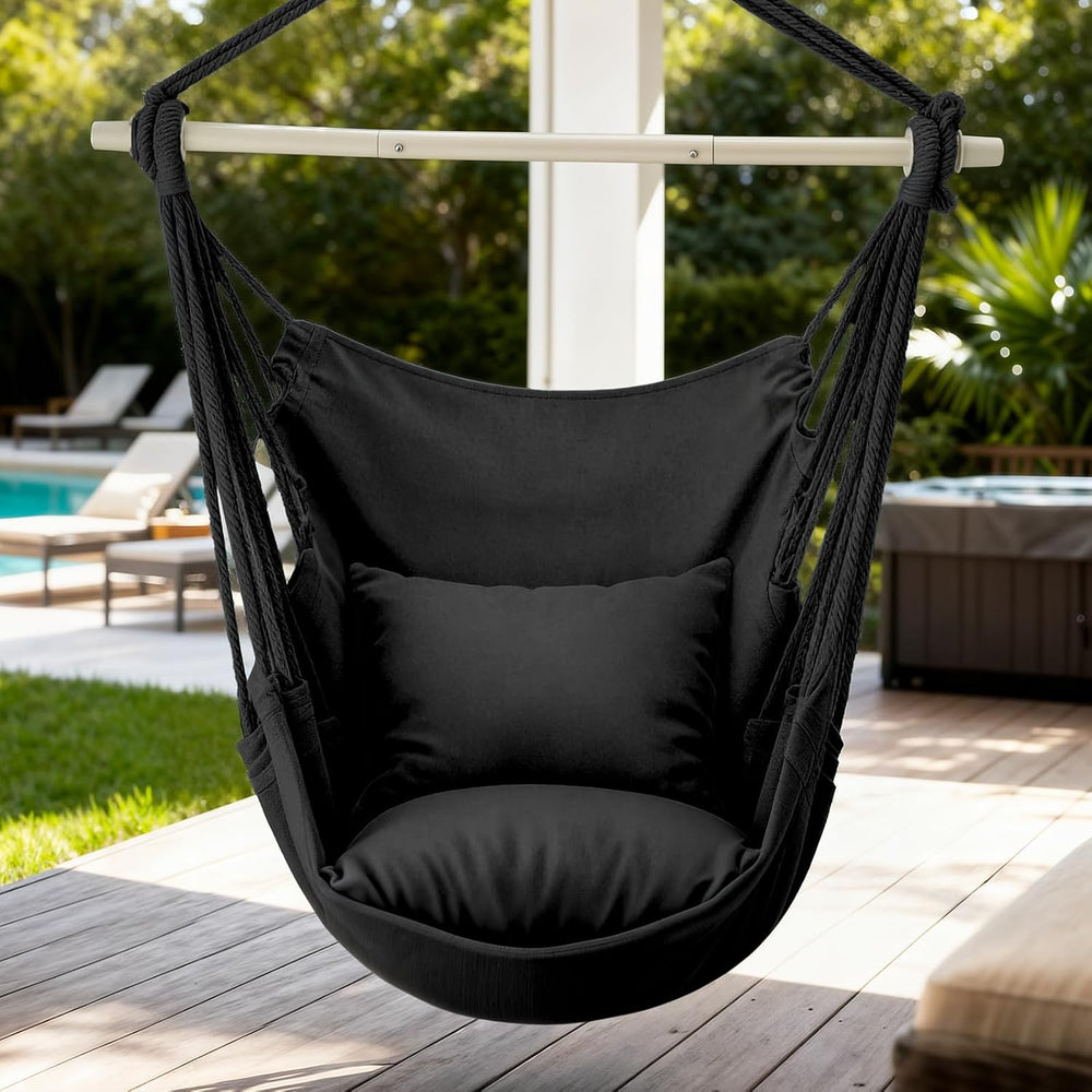 MoNiBloom Hammock Chair Hanging Rope Swing w/2 Cushions, Hold 350lbs, Black