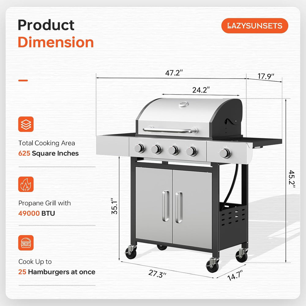 LazySunsets 4-Burner Propane Grill 49,000 BTU Stainless Steel,Silver