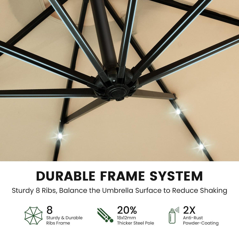 OLILAWN 10FT Patio Umbrella with Solar Lights and Base for Patio, Cream