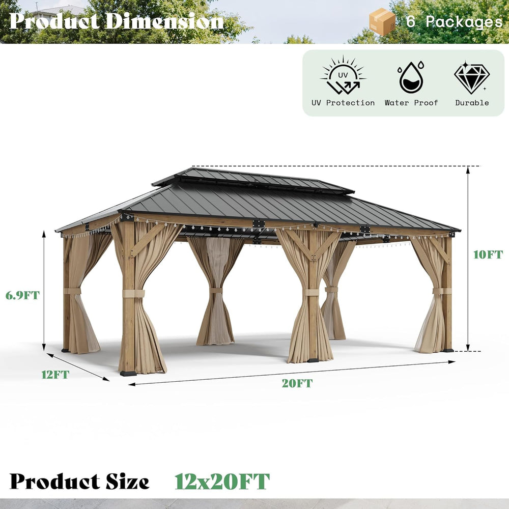 AMERLIFE 12x20FT Hardtop Gazebo with Double Roof, Privacy Curtain & Netting