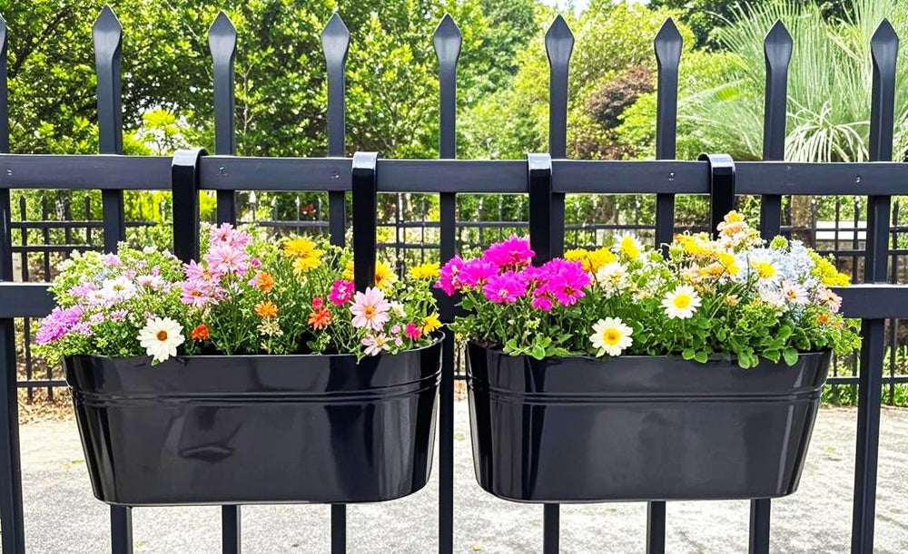 17" Hanging Metal Railing Planter with Detachable Hook, Oval Black, 4 Pack