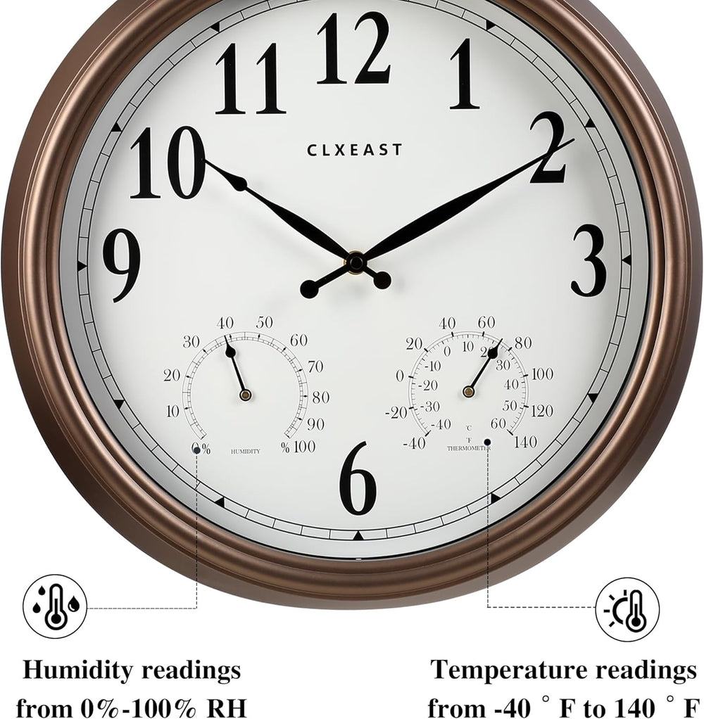 CLXEAST 16" Outdoor Clocks Waterproof with Temperature & Humidity,Brown