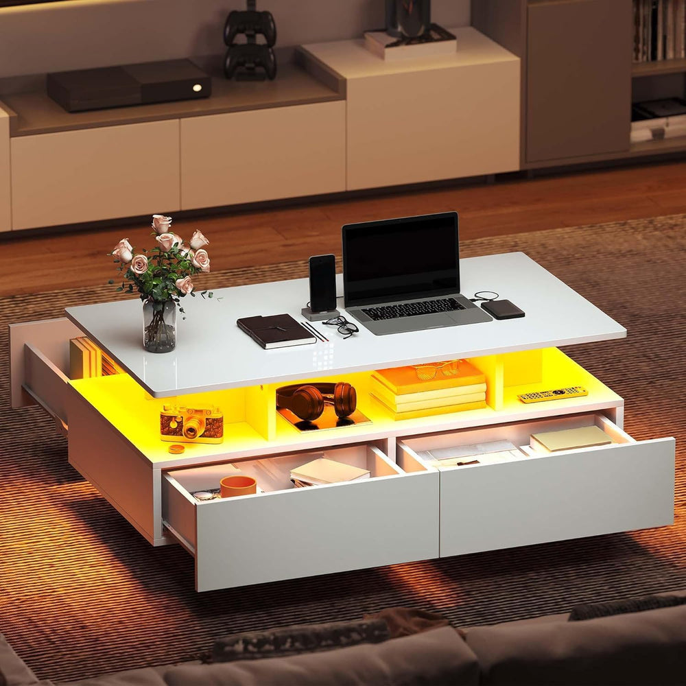 DWVO LED Coffee Table with Storage 4 Drawers, Modern High Glossy Coffee Table...
