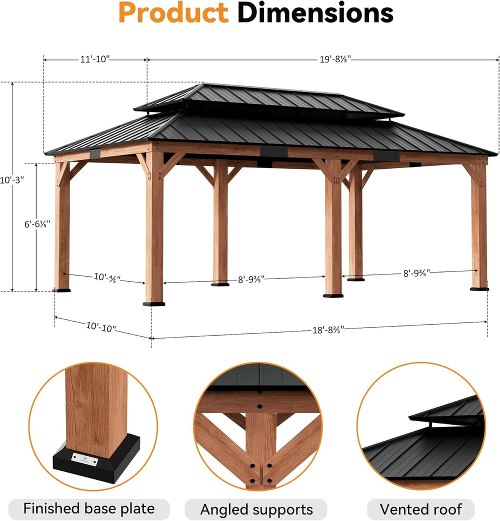 Modern Shade Wood Gazebo 12x20 with Double Galvanized Steel Roof