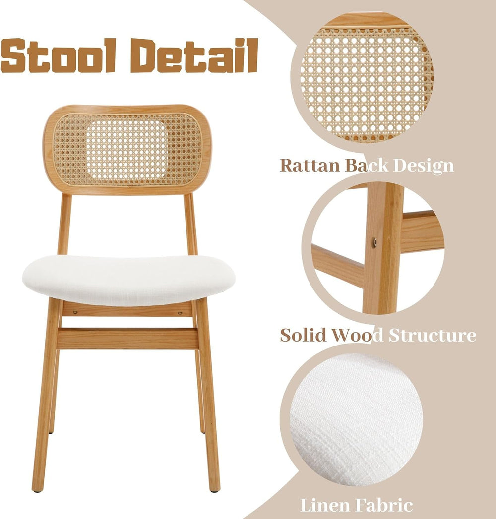ROCITY Rattan Dining Chairs Set of 2 Beige Linen Fabric Dining Room Chairs Na...