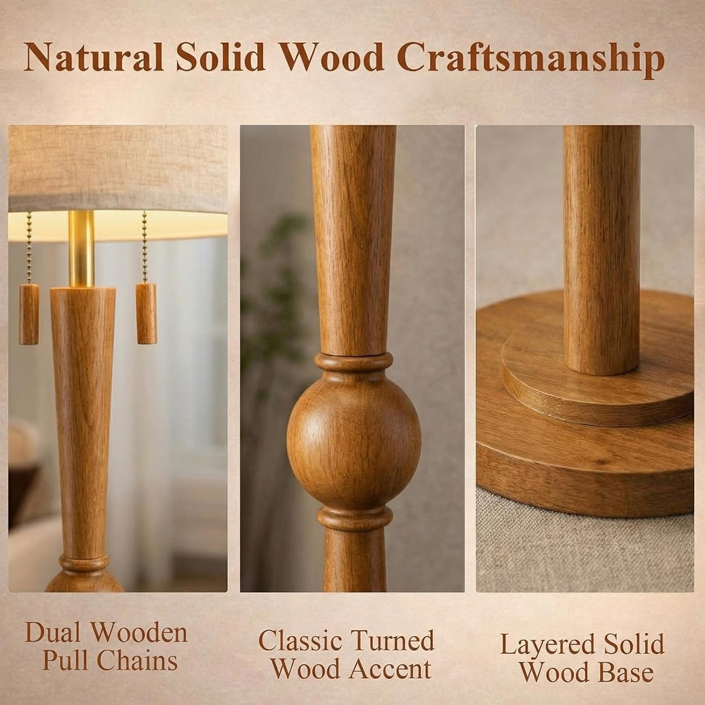 MOFFE Solid Wood Floor Lamp for Living Room with Wooden Pull Chains