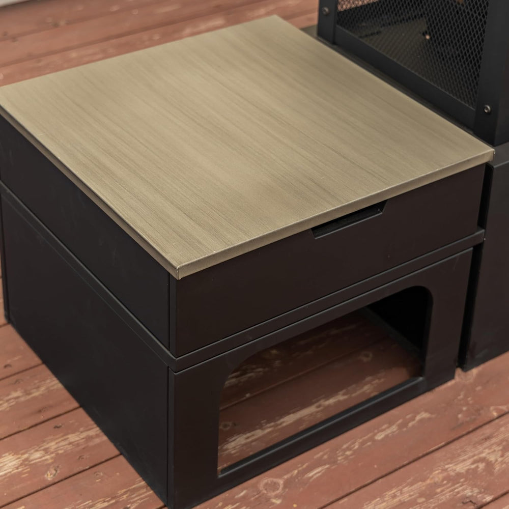 70 Inch Rectangular Outdoor Steel Woodburning Fireplace with Side Tables - In...