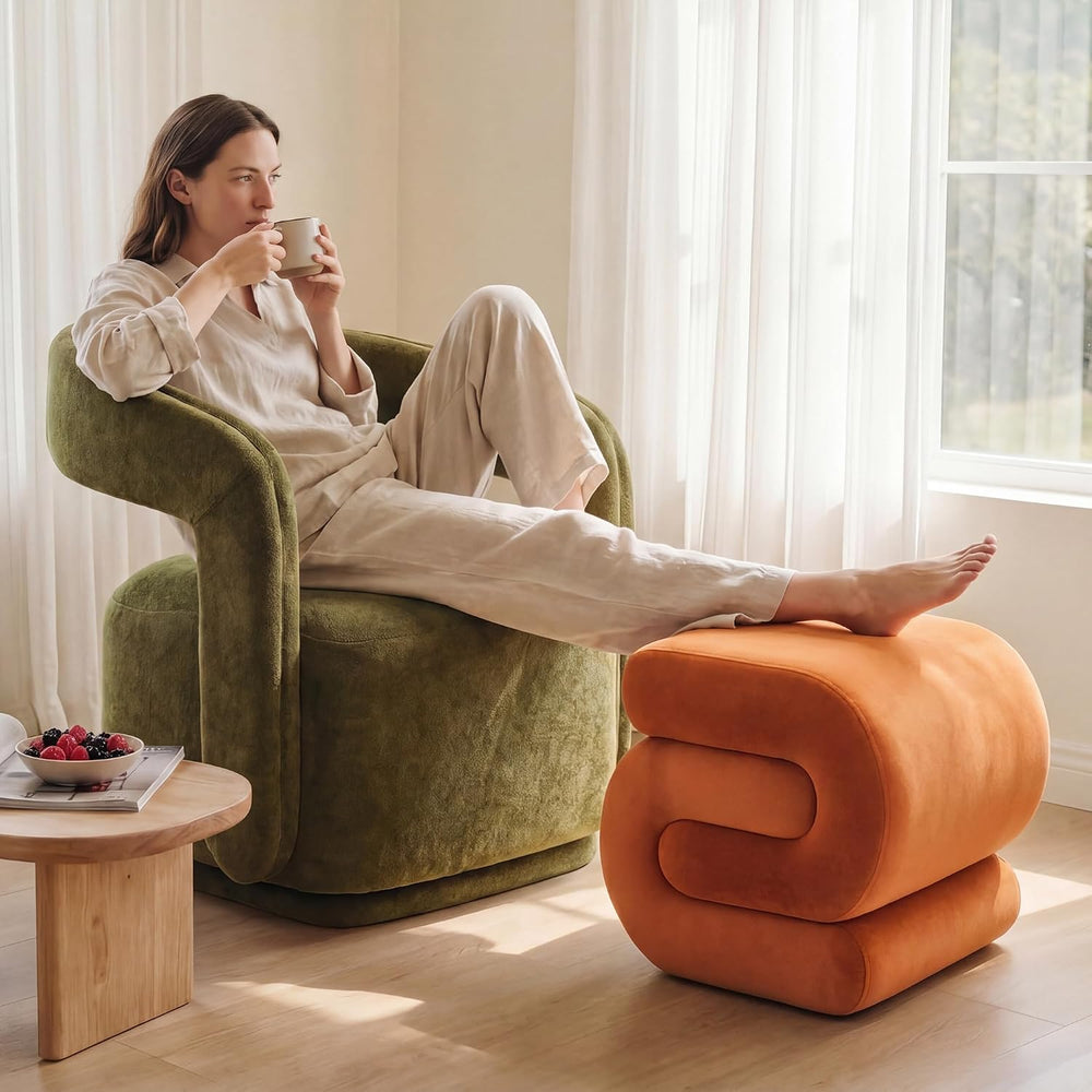 FOXHUNTER S Shape Modern Pouf Ottoman Vanity Stool, Velvet Orange