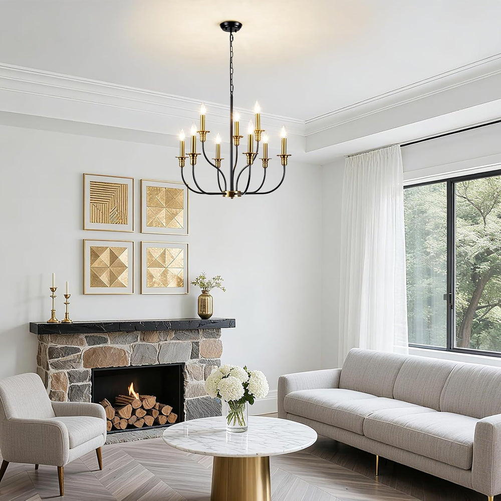 9-Lights Black and Gold Chandelier, 2-Tier Farmhouse Chandeliers 25.98"