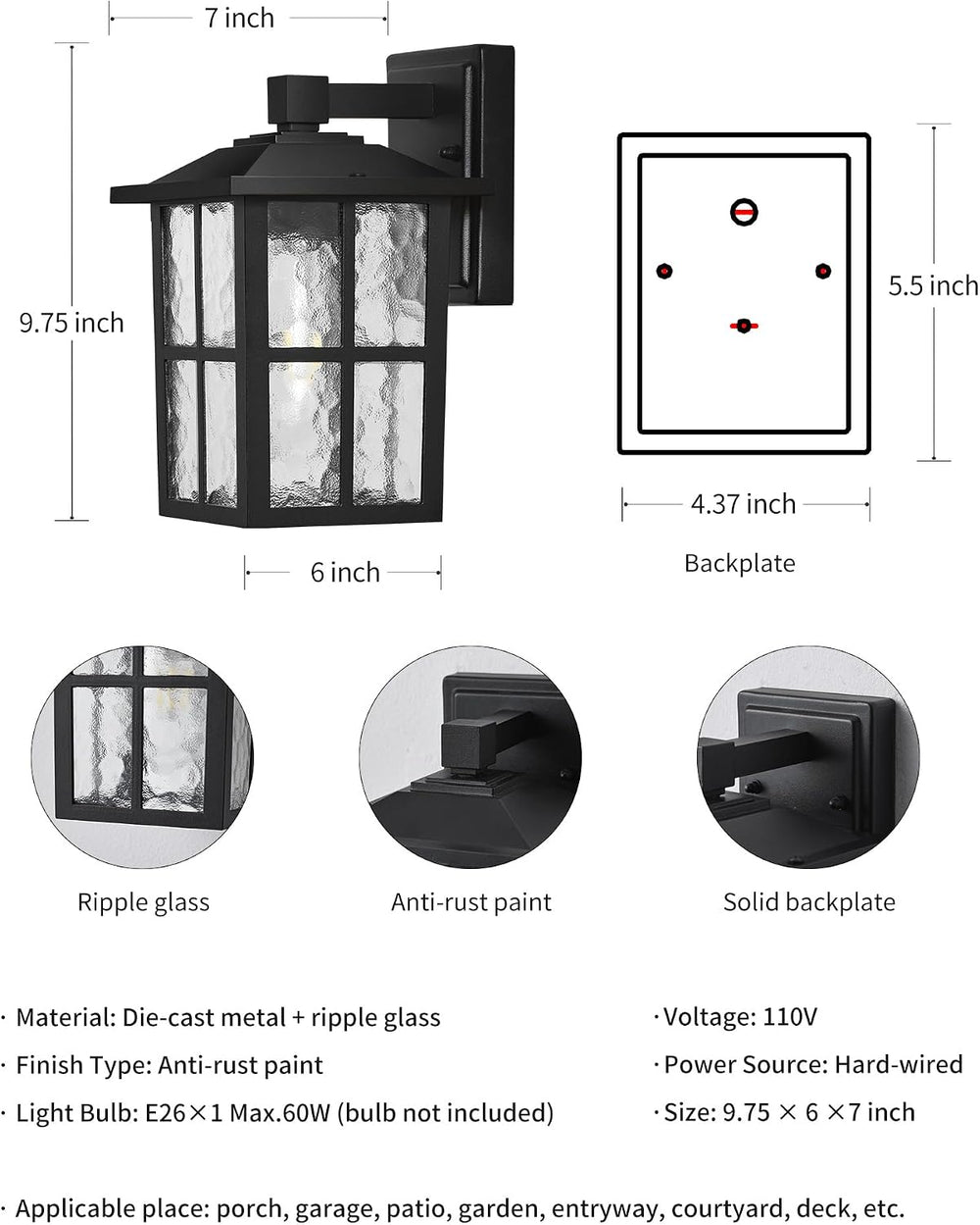 KDG Black Outdoor Waterproof Modern Patio Wall Light Fixtures Set of 2