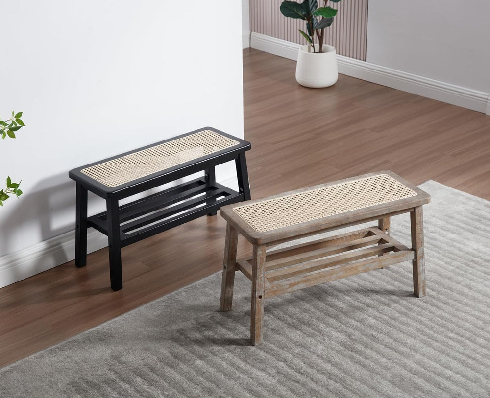 Shunzhi Rattan Entryway Bench with Shoe Rack Natural Wood Storage Bench Indoo...