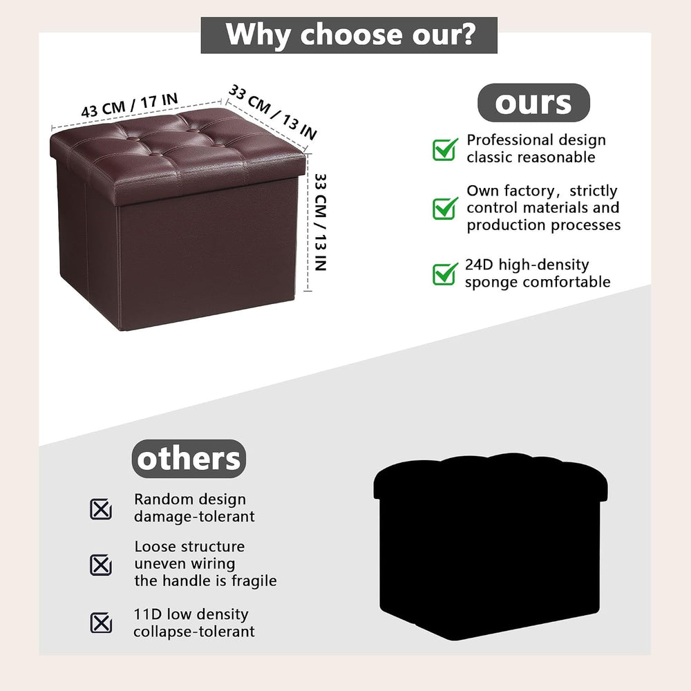 AmasSmile Ottoman with Storage,Folding Stool,17" Leather,Brown 2 Pack