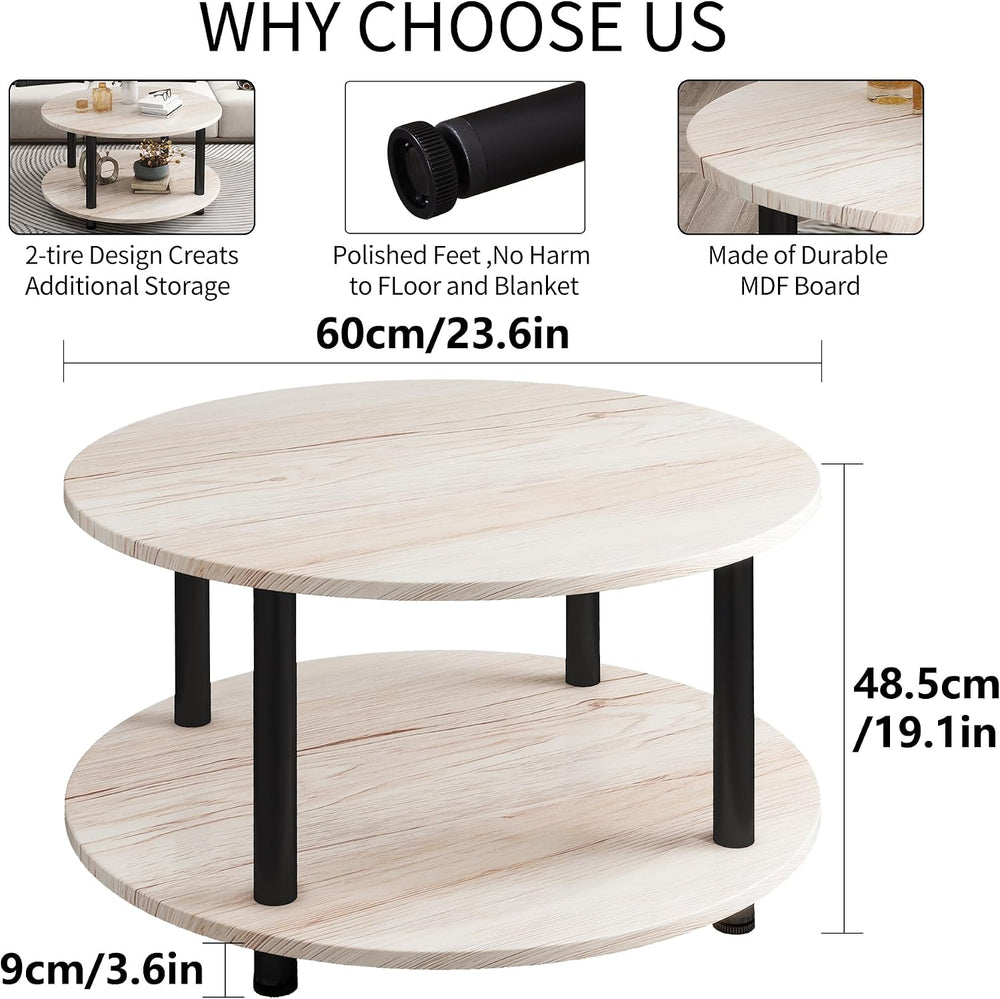 23.6" Round Coffee Table, 2-Tier Small Circle Coffee Table with Storage,...