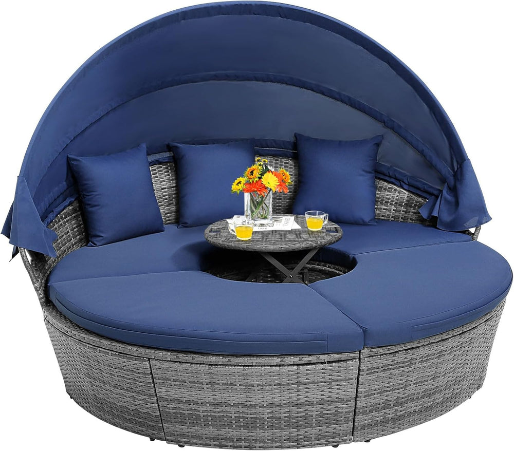 HAPPYGRILL Outdoor Daybed with Canopy, Wicker Rattan Sectional Sofa with Coff...