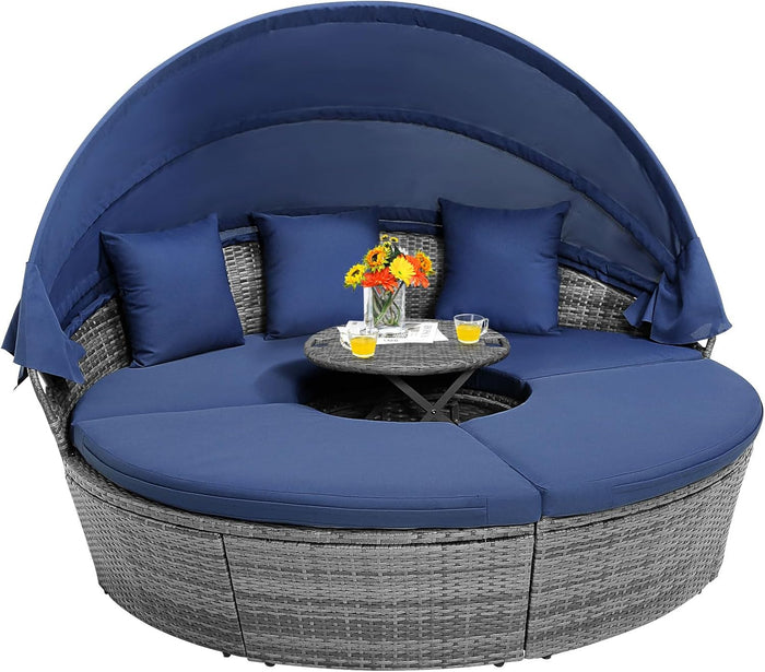 HAPPYGRILL Outdoor Daybed with Canopy, Wicker Rattan Sectional Sofa with Coffee Table, Cushions, Patio Conversation Set for Lawn Garden Backyard Poolside