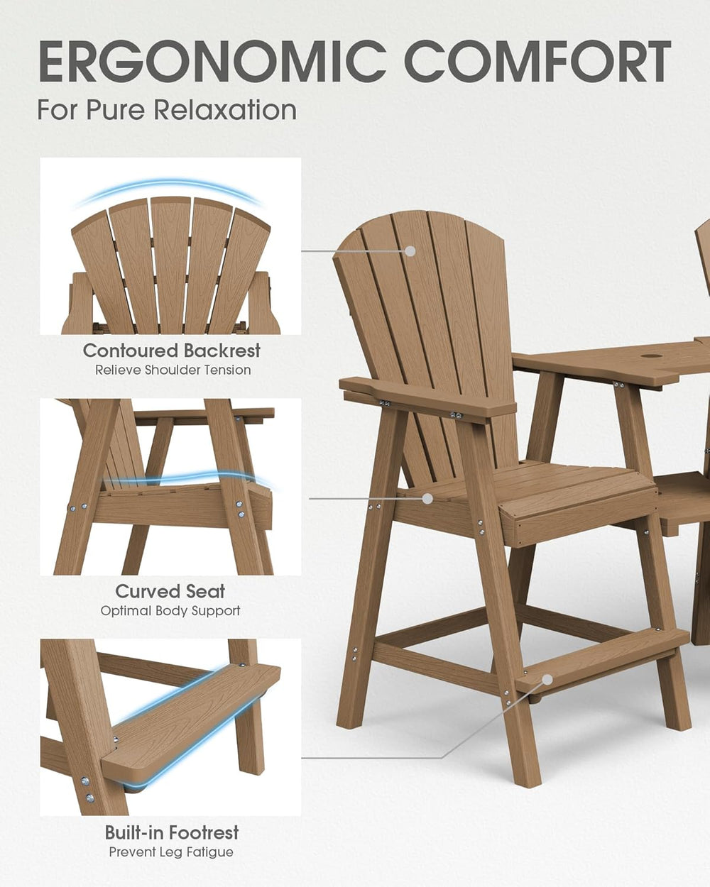 Tall Adirondack Chairs Set of 2 with Double Detachable Trays, Teak