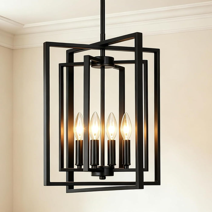 Black Lantern Chandelier, 4-Light Candle Style Cage Chandelier, 12.6" Industrial Modern Farmhouse Dining Room Chandelier Hanging Light Fixture for Living Room Bedroom Kitchen Foyer Stairway