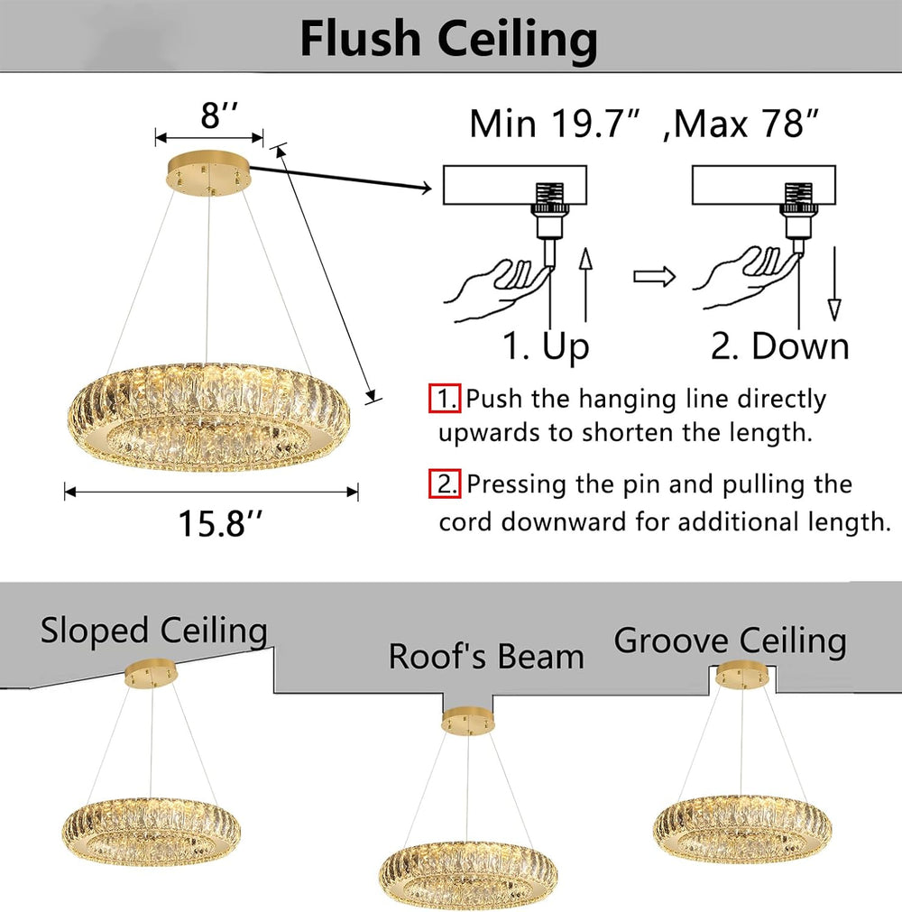 HAIXIANG Modern Chandelier Crystal LED Dimmable Ring Pendant Lights Adjustabl...