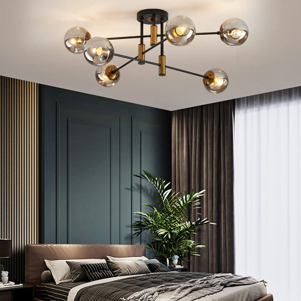 6-Light Sputnik Ceiling Light Fixture Mid Century Black and Gold Chandelier