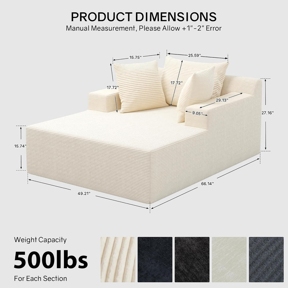 66" Chaise Lounge Chair Indoor, Oversized Boneless Lounge Chair with 3 P...