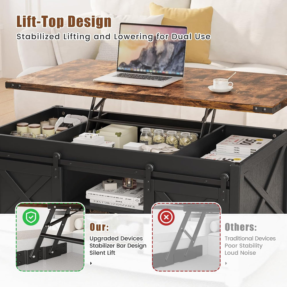 ALLSTAND 48" Farmhouse Lift Top Coffee Table with Storage Sliding Barn D...