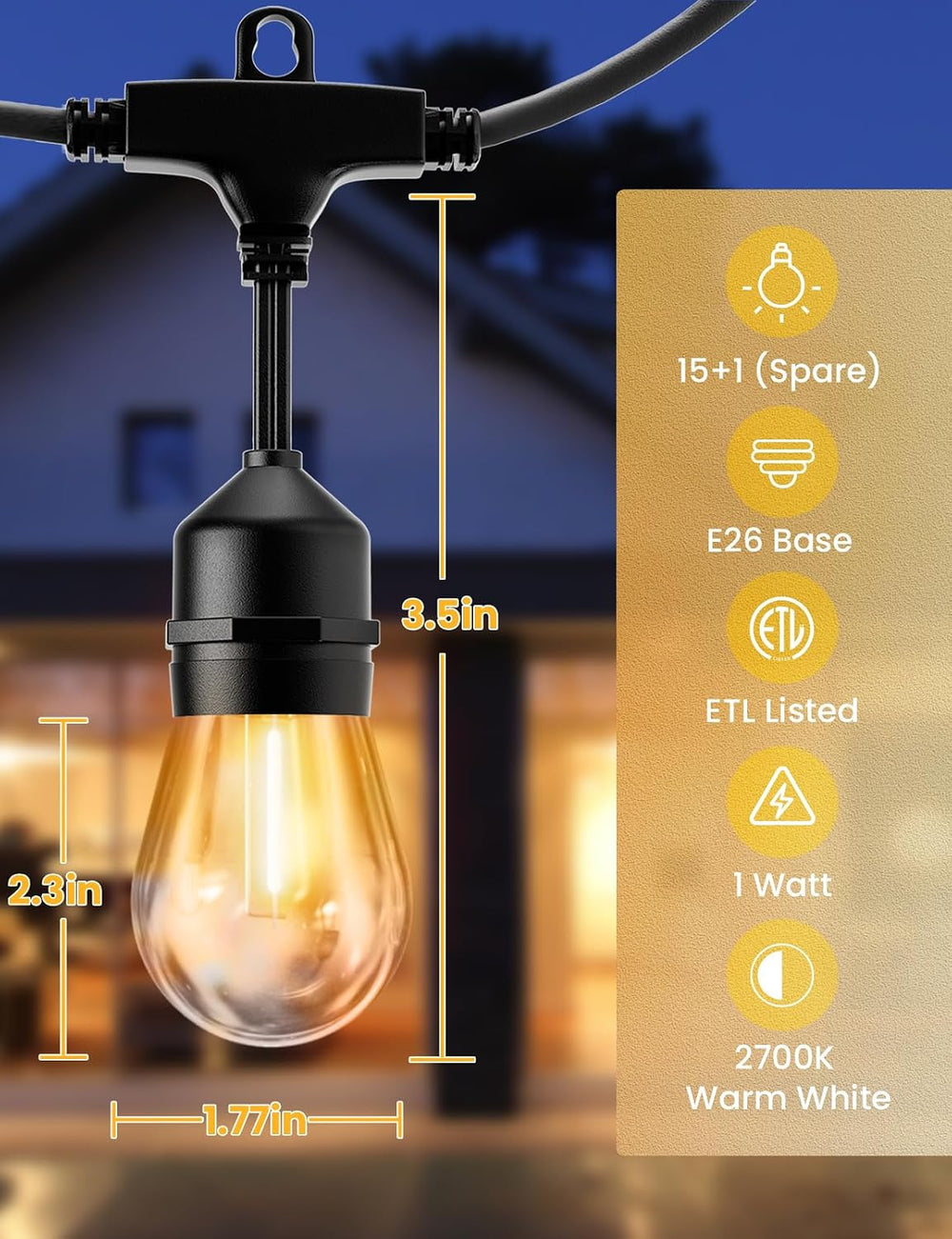 Svater Outdoor String Lights 50 FT Outside LED Patio Light E26 Waterproof
